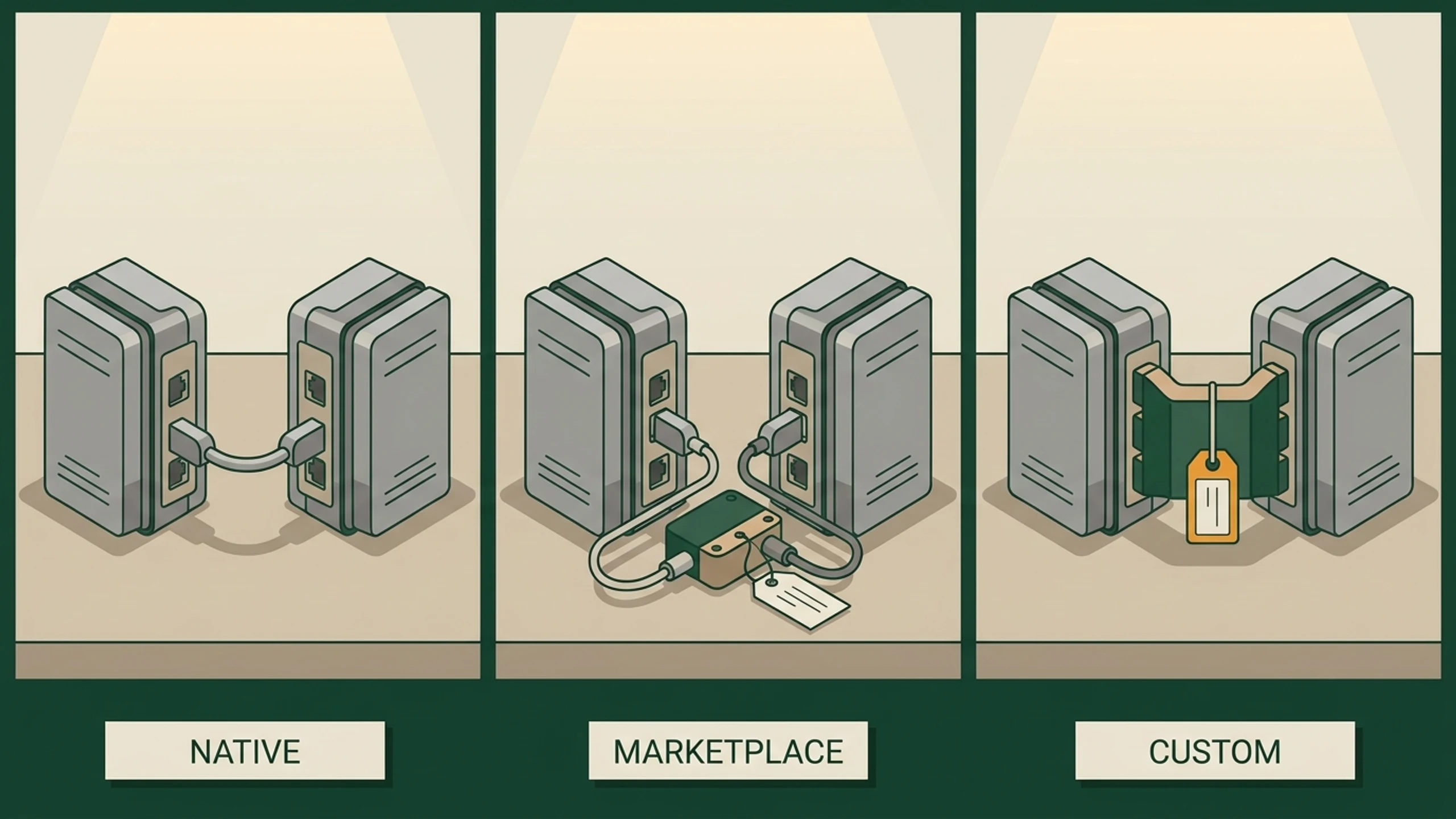 Three panes of the same two units: joined by a short moulded cable that fills only one port pair, joined through a separate adapter box with a subscription tag, and joined by one purpose-built connector shaped to both with every port filled.