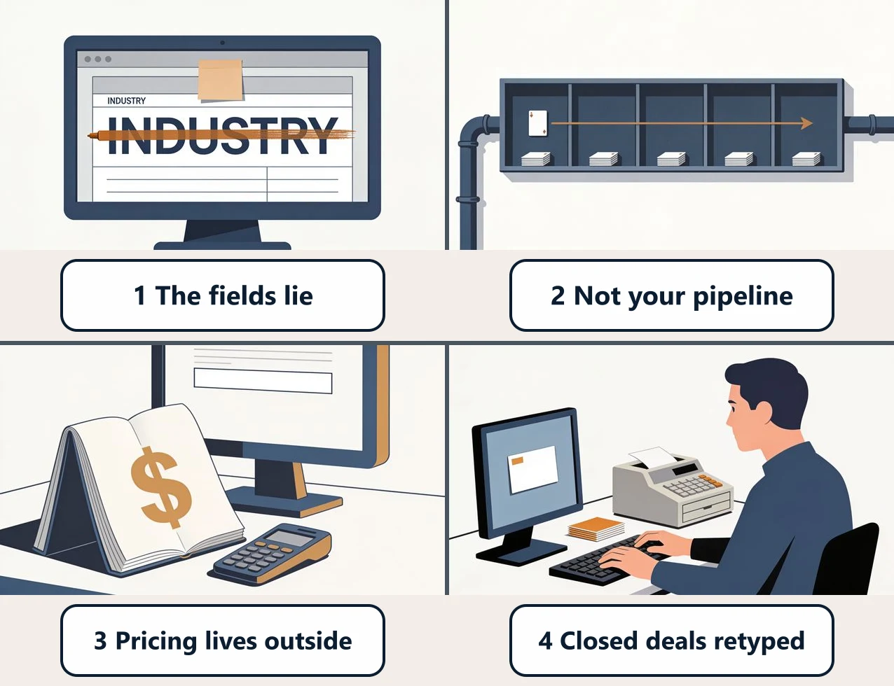 Four numbered panels, one per sign: a CRM field labelled INDUSTRY struck out by hand, a deal dragged across three skipped pipeline columns, a pricing workbook and calculator beside the screen, and a person retyping closed deals into a separate machine.