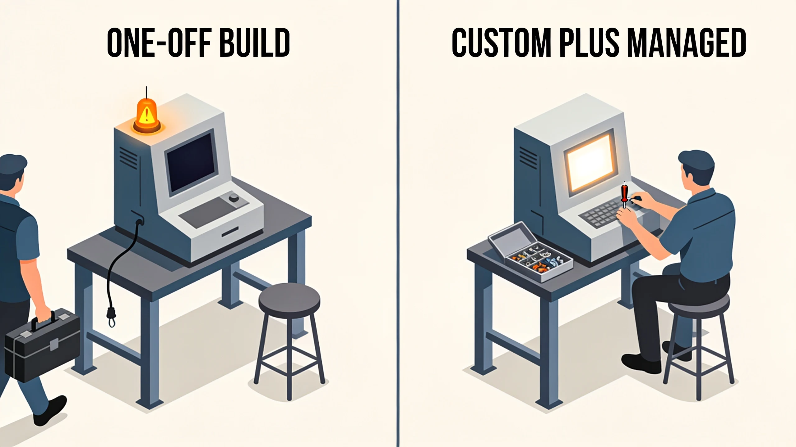 Split bench scene: a builder walks away from a one-off build as its warning lamp comes on, while a custom plus managed technician stays seated at the same machine: someone stays on the hook.