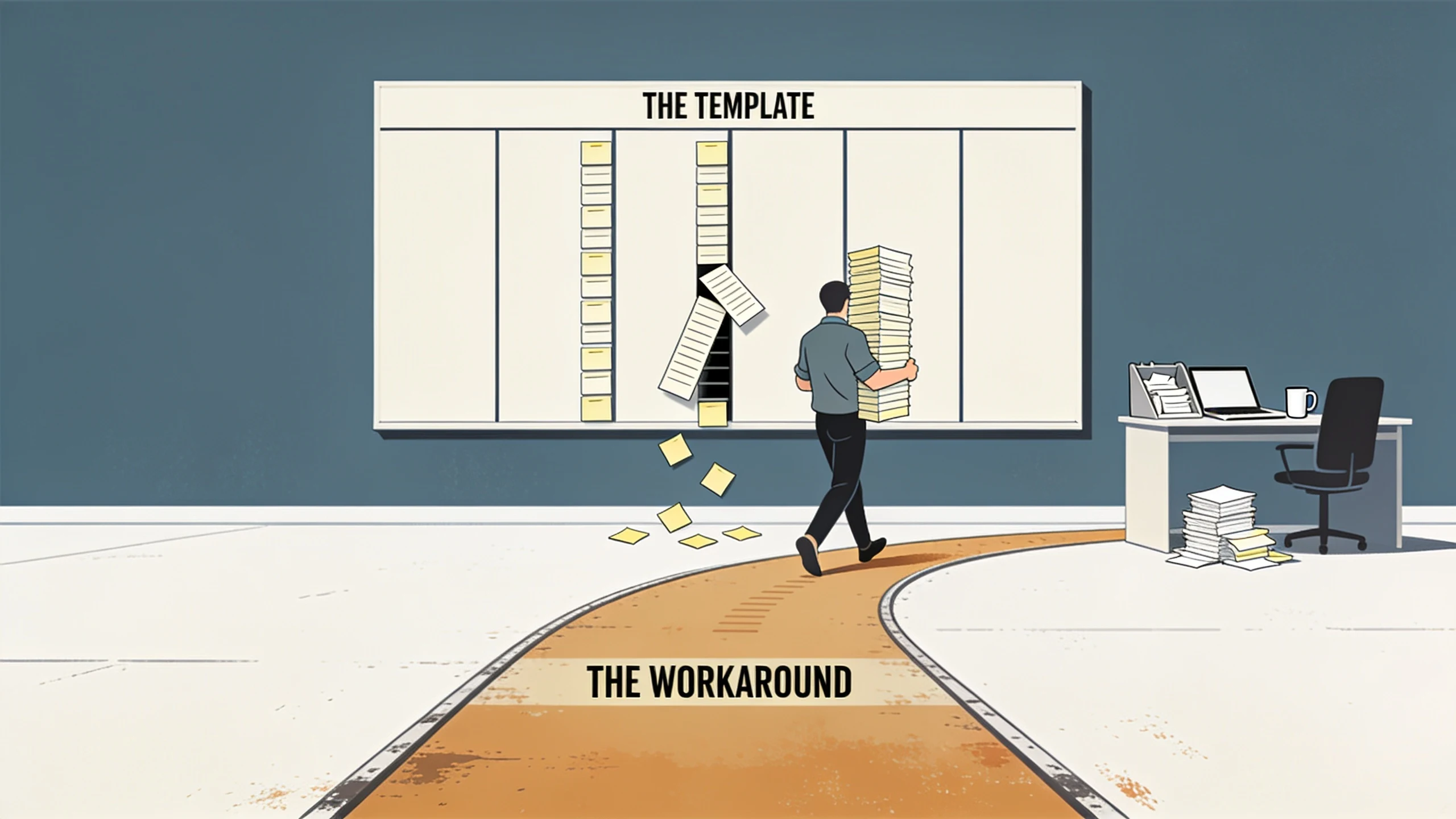 A rail of fixed stage gates labelled THE TEMPLATE with a deal card jammed in one gate and sticky notes falling away, beside a path worn across the office floor labelled THE WORKAROUND where a person carries the deals past it by hand.