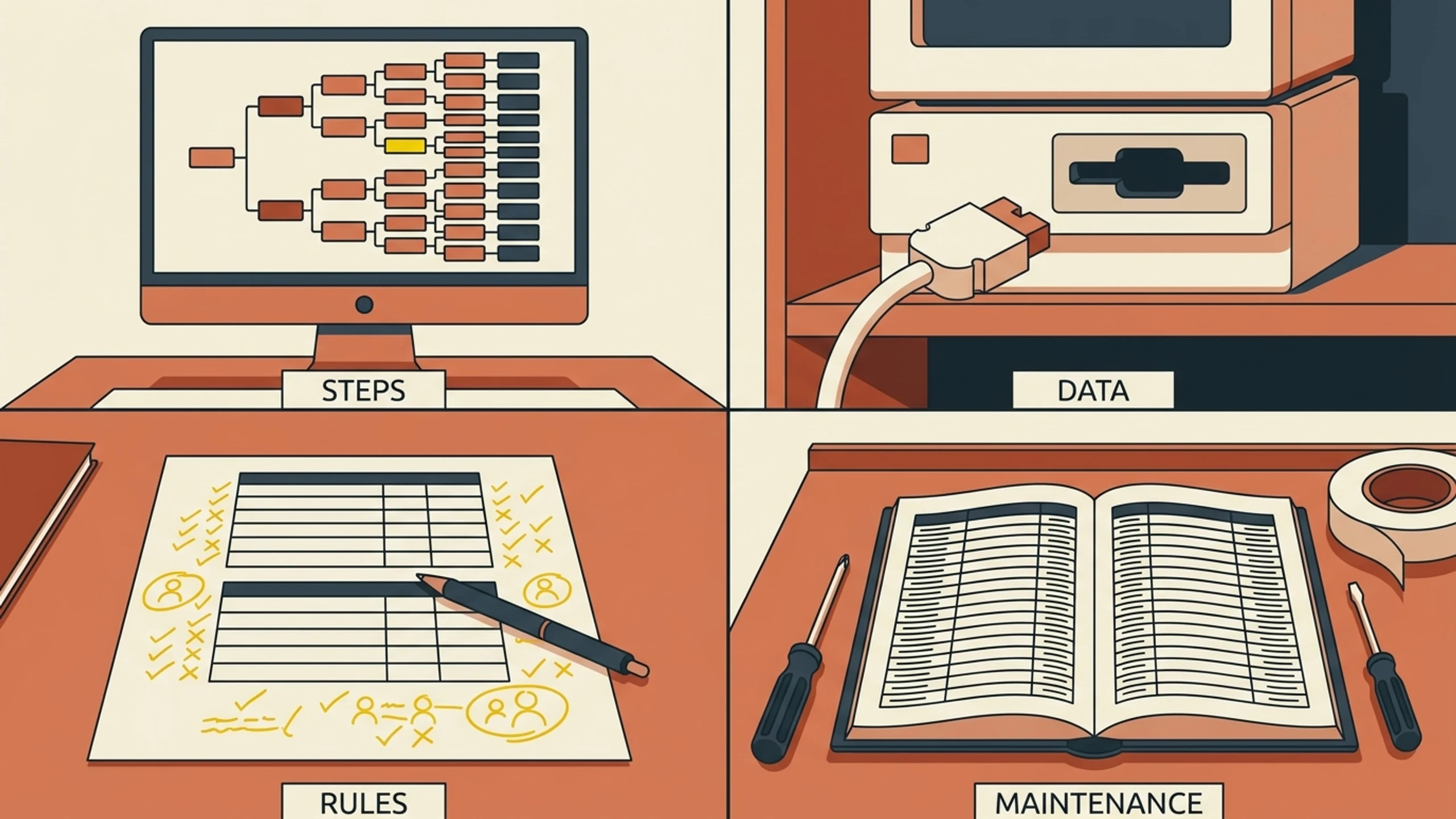 Four panels of the same office: a flow on screen branching far past one screen with one branch marked, a legacy beige box whose socket does not match the cable offered to it, a printed pricing sheet crowded with handwritten marks, and a repair log filled with repeated entries beside screwdrivers.