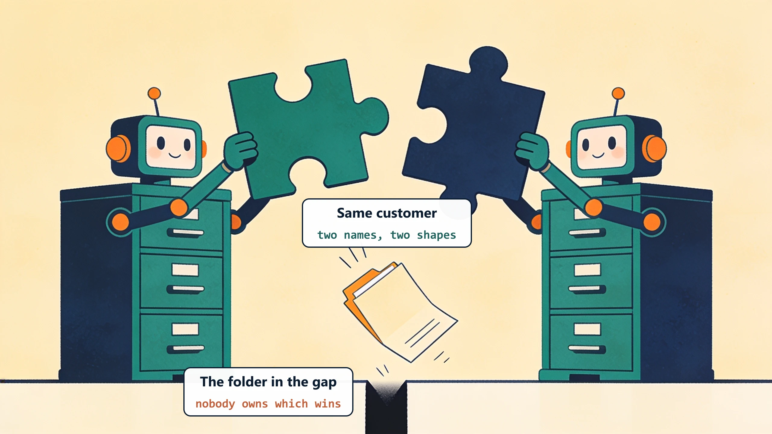 Two filing-cabinet robots hold up puzzle pieces of different shapes while a folder falls into the gap between them: the same customer field named two ways, and nobody owns which one wins.