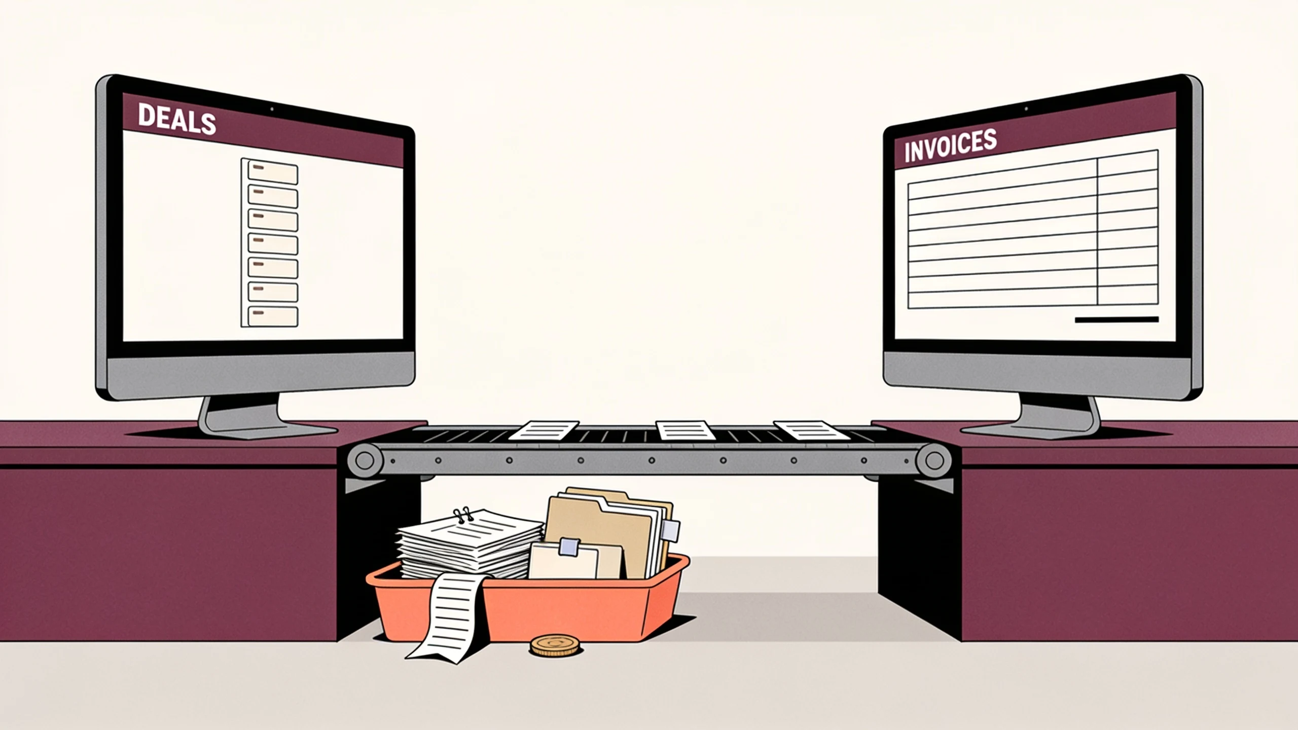 A conveyor carries three thin plain records from a DEALS screen toward an INVOICES screen, while a coral overflow tray beneath it holds a stapled wad, a long folded invoice, tabbed folders and a token too bulky to ride.